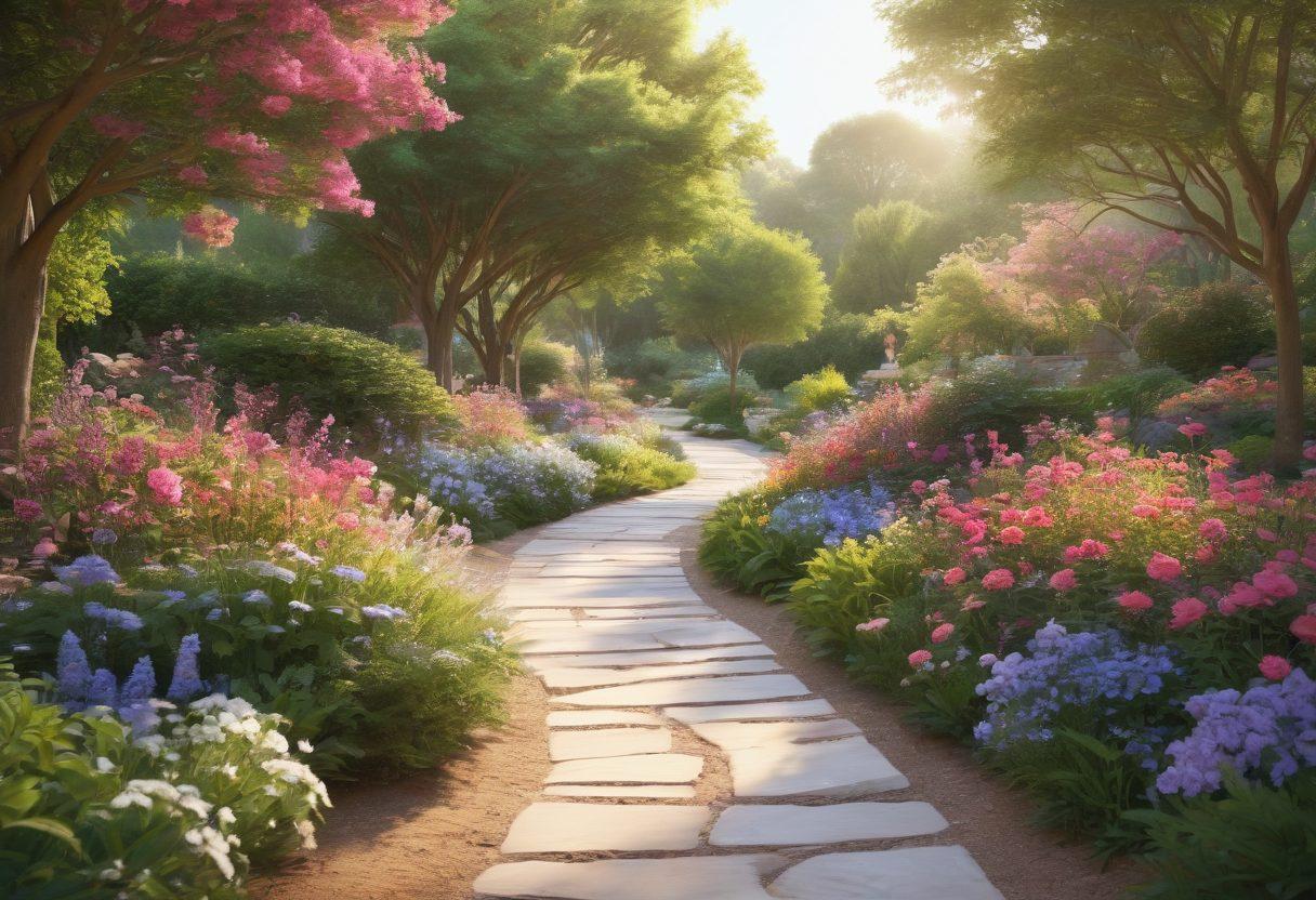 A serene path winding through a tranquil garden, symbolizing the journey of cancer care and wellness. Include various elements like supportive hands, vibrant flowers representing hope, and subtle sunlight filtering through trees to create an uplifting atmosphere. Soft colors dominate the scene, emphasizing warmth and encouragement. super-realistic. vibrant colors. peaceful background.