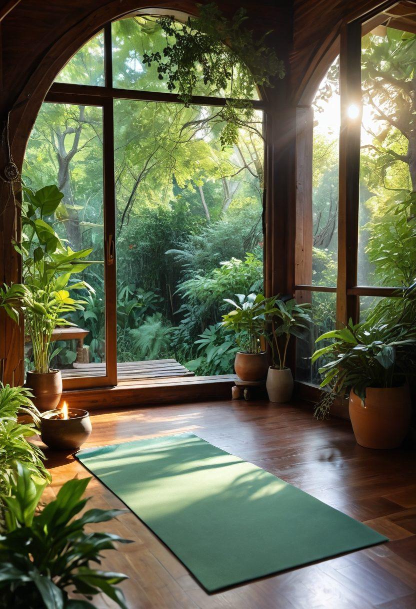An enchanting scene depicting a serene wellness sanctuary, featuring a harmonious blend of traditional and alternative elements like herbal remedies, a yoga mat, incense sticks, and acupuncture needles. Nature surrounding the sanctuary with lush greenery and soft sunlight filtering through trees creates a peaceful ambiance. Include diverse individuals practicing mindfulness and healing rituals, emphasizing community and holistic well-being. vibrant colors. peaceful atmosphere. soft focus.