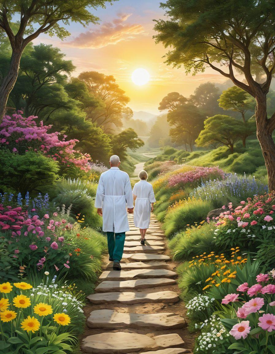 A serene journey pathway through a lush green landscape, with symbols of hope like rising suns and blooming flowers representing stages of cancer care, illustrated alongside images of healthcare professionals and supportive family members, conveying a sense of healing and strength. super-realistic. vibrant colors. inspirational.